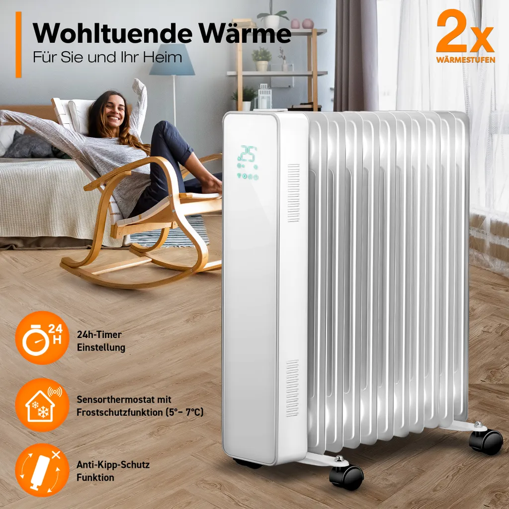 TRESKO® Ölradiator Weiß 2500W Elektroheizung Radiator Öl Heizkörper Heizung Timer 7 TRESKO® Ölradiator Weiß 2500W Elektroheizung Radiator Öl Heizkörper Heizung Timer – Bild 5
