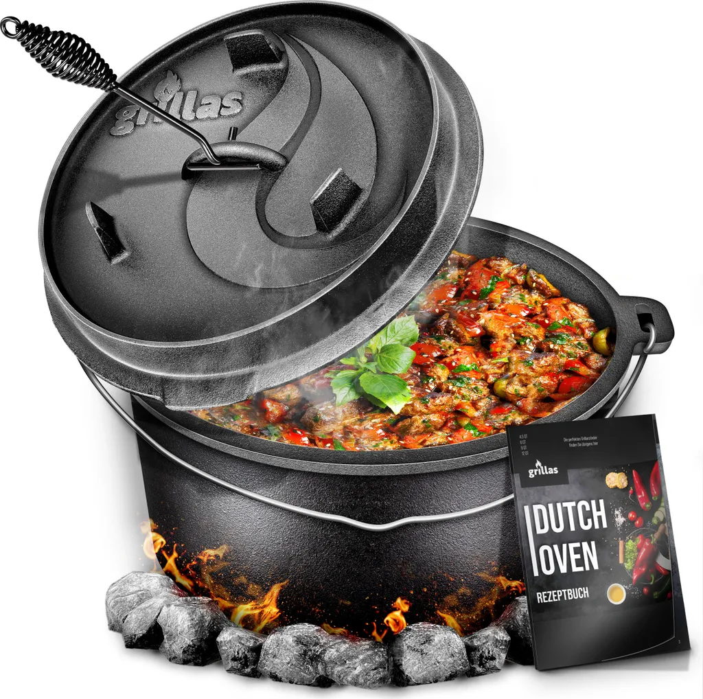 Grillas® Dutch Oven Set 7,3 Liter / Topf Ohne Füße Deckelheber BBQ Gusseisen Feuertopf Gusstopf Schmortopf 3 Grillas® Dutch Oven Set 7,3 Liter / Topf Ohne Füße Deckelheber BBQ Gusseisen Feuertopf Gusstopf Schmortopf