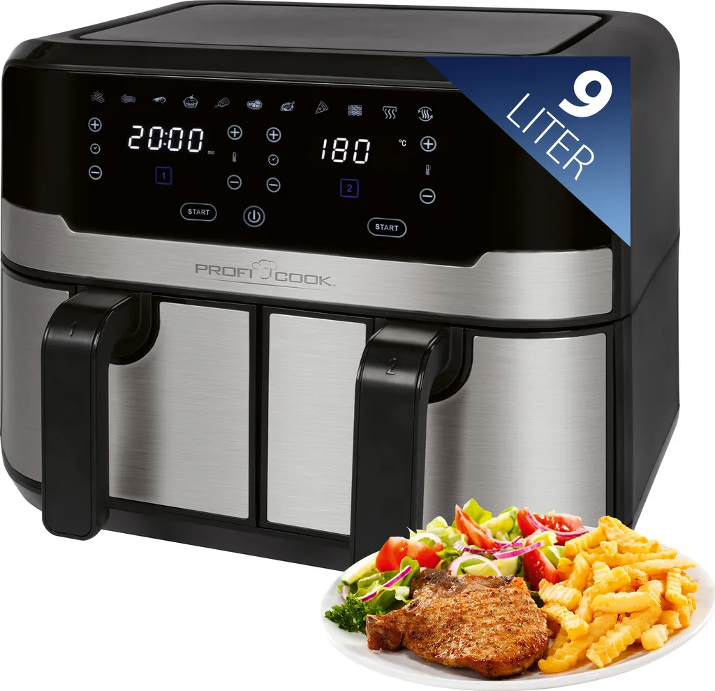 ProfiCook® Doppel-Heißluftfritteuse 9 Liter, XXL Heißluftfritteuse Doppelkammer, Frittieren Mit Heißer Luft Ohne Zusätzliches Öl, 9 Programme, Air Fryer, Touchscreen, PC-FR 1242 H, 2400W 3 ProfiCook® Doppel-Heißluftfritteuse 9 Liter, XXL Heißluftfritteuse Doppelkammer, Frittieren Mit Heißer Luft Ohne Zusätzliches Öl, 9 Programme, Air Fryer, Touchscreen, PC-FR 1242 H, 2400W