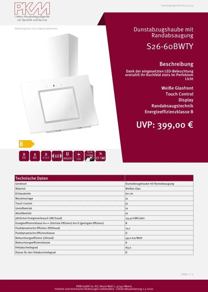 PKM Dunstabzugshaube Mit Randabsaugung Kopffreihaube S26-60BWTY Glas Weiß 60cm 10 PKM Dunstabzugshaube Mit Randabsaugung Kopffreihaube S26-60BWTY Glas Weiß 60cm – Bild 8
