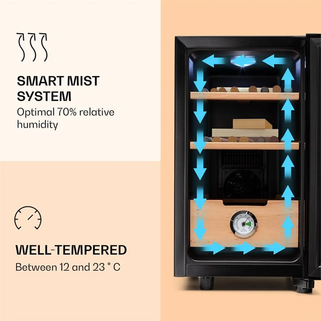 Klarstein Zigarren Humidor Befeuchter - Thermoelektrischer Humidor Schrank Mit Glastür - Mit Einschüben Aus Zedernholz - Hygrometer - LED-Innenbeleuchtung - 23 Liter - Schwarz Humidor Zigarre Elektrisch Humidor Schrank Luftbefeuchter Humidor Zigarren 6 Klarstein Zigarren Humidor Befeuchter - Thermoelektrischer Humidor Schrank Mit Glastür - Mit Einschüben Aus Zedernholz - Hygrometer - LED-Innenbeleuchtung - 23 Liter - Schwarz Humidor Zigarre Elektrisch Humidor Schrank Luftbefeuchter Humidor Zigarren – Bild 4