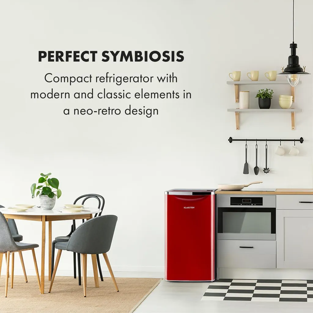 Klarstein Yummy Kühlschrank , 90 Liter Fassungsvermögen , Gefrierfach: 8 Liter , Kühlschrank: 82 Liter , Verchromte Verblendung , , Kühlmittel: R600a , 41dB , 3 X Gitterboden , Halb Automatische Abtau-Funktion , Inkl. Tropfschale , Rot 4 Klarstein Yummy Kühlschrank , 90 Liter Fassungsvermögen , Gefrierfach: 8 Liter , Kühlschrank: 82 Liter , Verchromte Verblendung , , Kühlmittel: R600a , 41dB , 3 X Gitterboden , Halb Automatische Abtau-Funktion , Inkl. Tropfschale , Rot – Bild 2