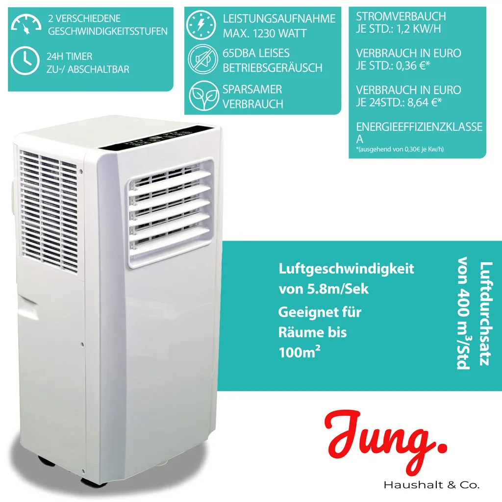 JUNG AIR TV05 Mobiles Klimagerät Mit Fernbedienung + Abluft-Schlauch - 3,2 KW/11000 BTU - STROMSPAREND, GERÄUSCHARM -100m³ Raum Kühlung, Klimaanlage Mobil Leise, Weiß 5 JUNG AIR TV05 Mobiles Klimagerät Mit Fernbedienung + Abluft-Schlauch - 3,2 KW/11000 BTU - STROMSPAREND, GERÄUSCHARM -100m³ Raum Kühlung, Klimaanlage Mobil Leise, Weiß – Bild 3
