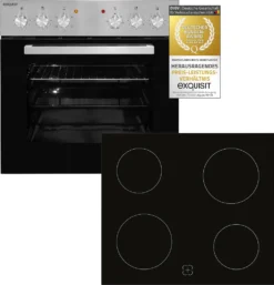 Exquisit EHE 156-2.1-Set Einbau-Herd Glaskeramikkochfeld | Ober-/Unterhitze | Grill | Inox