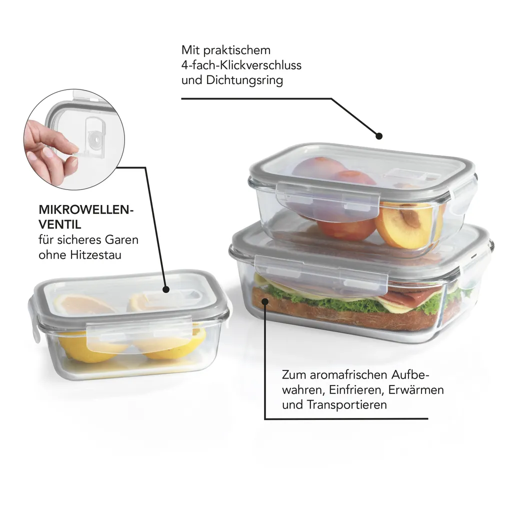 GOURMETmaxx Glas-Frischhaltedosen Klick-it Mit Mikrowellen-Ventil - 6-teilig - Grau 6 GOURMETmaxx Glas-Frischhaltedosen Klick-it Mit Mikrowellen-Ventil - 6-teilig - Grau – Bild 4