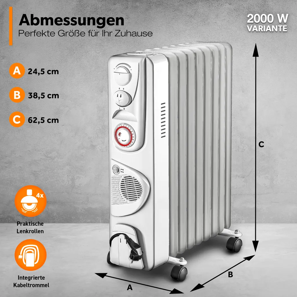 TRESKO® Ölradiator Weiß 2000W Elektroheizung Radiator Öl Heizkörper Heizung Timer 5 TRESKO® Ölradiator Weiß 2000W Elektroheizung Radiator Öl Heizkörper Heizung Timer – Bild 3