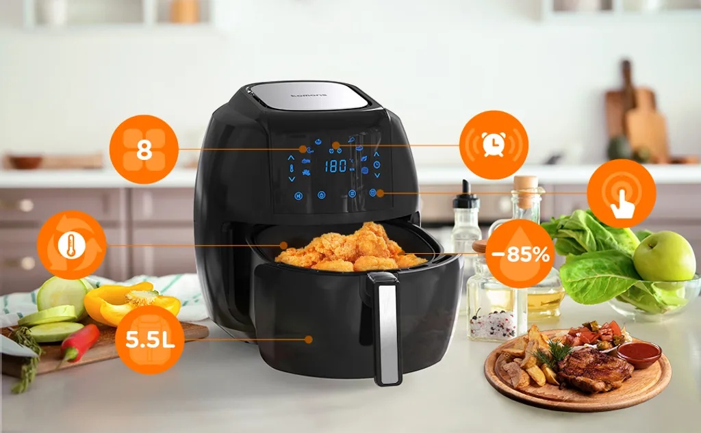 Tomons Heißluftfritteuse XXL 5,5 L Elektrofritteuse, 1800W, Airfryer Ohne Fett Und Öl, Friteuse Heißluft Mit 8 Voreinstellungen, Alarmtimer, Digitales Touch-Display, Frittierkorb Und Rezeptheft 13 Tomons Heißluftfritteuse XXL 5,5 L Elektrofritteuse, 1800W, Airfryer Ohne Fett Und Öl, Friteuse Heißluft Mit 8 Voreinstellungen, Alarmtimer, Digitales Touch-Display, Frittierkorb Und Rezeptheft – Bild 11