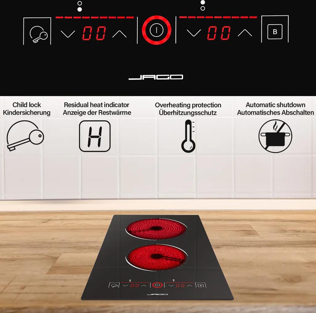 Jago® Glaskeramikkochfeld - Autark, Rahmenlos, 1200/1800 Watt, Für Alle Kochtöpfe, Ø 16/20 Cm, 9 Leistungsstufen, Timer-Automatik, Schwarz - Ceranfeld, Cerankochfeld, Kochfeld, Kochfelder 6 Jago® Glaskeramikkochfeld - Autark, Rahmenlos, 1200/1800 Watt, Für Alle Kochtöpfe, Ø 16/20 Cm, 9 Leistungsstufen, Timer-Automatik, Schwarz - Ceranfeld, Cerankochfeld, Kochfeld, Kochfelder – Bild 4