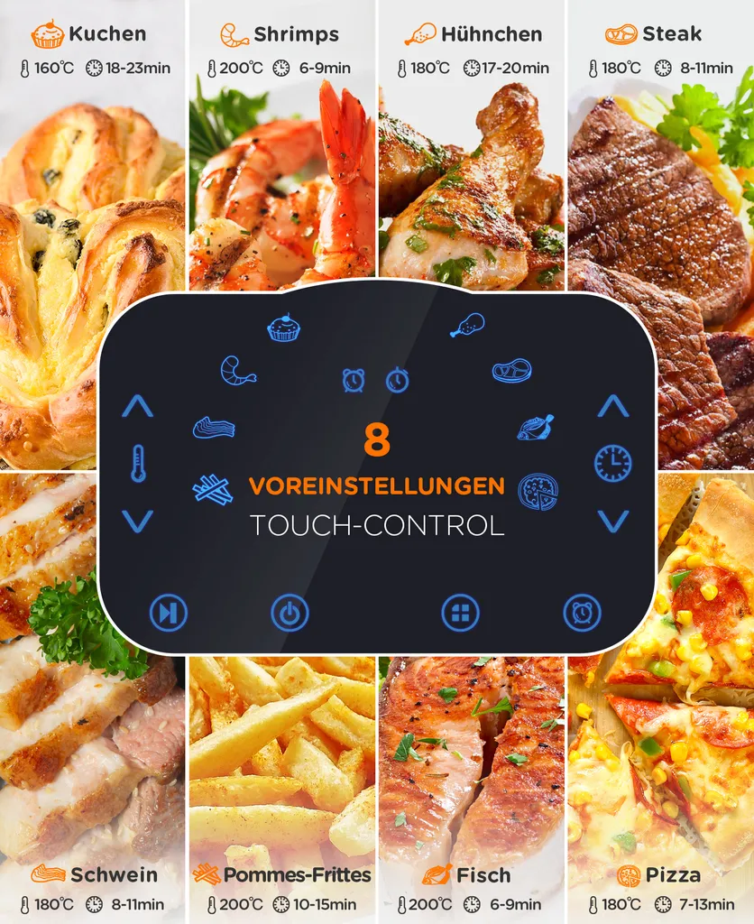 Tomons Heißluftfritteuse XXL 5,5 L Elektrofritteuse, 1800W, Airfryer Ohne Fett Und Öl, Friteuse Heißluft Mit 8 Voreinstellungen, Alarmtimer, Digitales Touch-Display, Frittierkorb Und Rezeptheft 5 Tomons Heißluftfritteuse XXL 5,5 L Elektrofritteuse, 1800W, Airfryer Ohne Fett Und Öl, Friteuse Heißluft Mit 8 Voreinstellungen, Alarmtimer, Digitales Touch-Display, Frittierkorb Und Rezeptheft – Bild 3