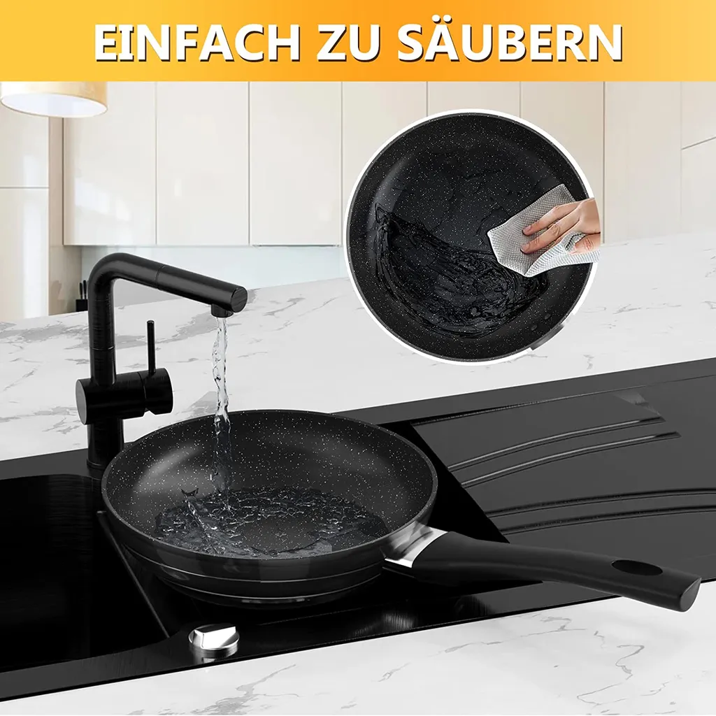 3tlg Pfannenset Mit Antihaftbeschichtung - Kratzfest Mit Isoliertem Griff Induktion 20 +24 +28cm Schwarz 9 3tlg Pfannenset Mit Antihaftbeschichtung - Kratzfest Mit Isoliertem Griff Induktion 20 +24 +28cm Schwarz – Bild 7