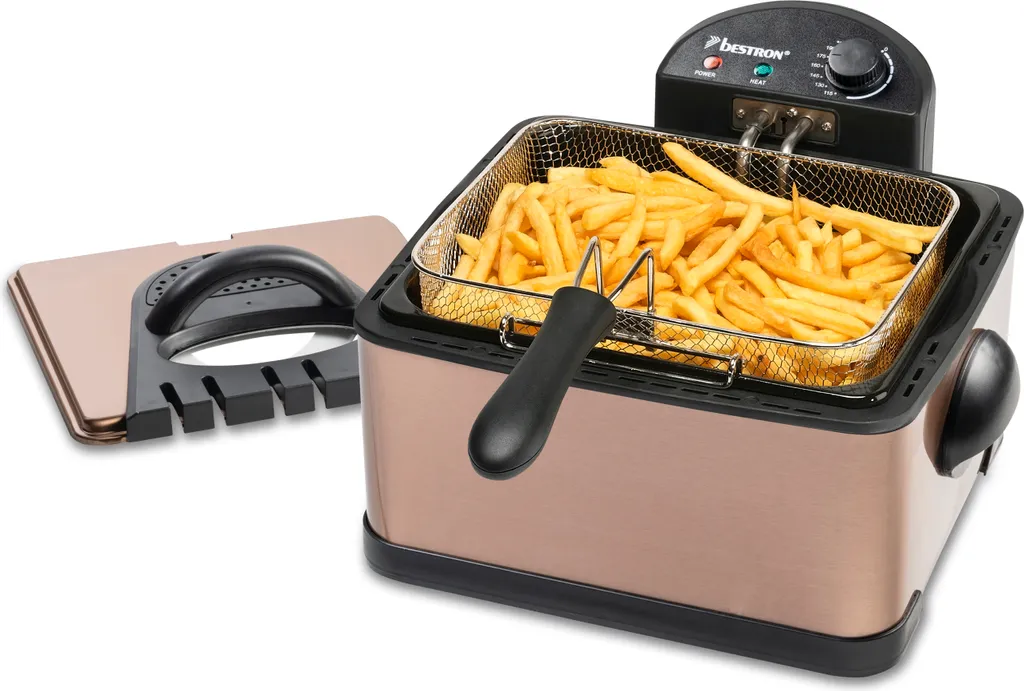 Bestron XL Öl-Fritteuse Mit 3 Frittierkörben, Inkl. Kaltzonentechnologie & Herausnehmbaren Ölbehälter, 4 Liter, Spülmaschinengeeignet, 2000 W, Edelstahl, Farbe: Kupfer 3 Bestron XL Öl-Fritteuse Mit 3 Frittierkörben, Inkl. Kaltzonentechnologie & Herausnehmbaren Ölbehälter, 4 Liter, Spülmaschinengeeignet, 2000 W, Edelstahl, Farbe: Kupfer