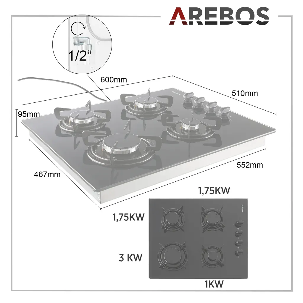 AREBOS Gaskochfeld 4 Flammen, Glaskeramik, Inkl. Topfträger & Zündsicherung, Autark, Geeignet Für Erdgas Oder Propangas, Gasherd 12 AREBOS Gaskochfeld 4 Flammen, Glaskeramik, Inkl. Topfträger & Zündsicherung, Autark, Geeignet Für Erdgas Oder Propangas, Gasherd – Bild 10