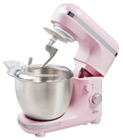 Bestron 4-in-1 Küchenmaschine, 7 Geschwindigkeitsstufen, Inkl. Schneebesen, Knethaken Und Rührarm, Mit Spritzschutz & 2,5 Liter Rührschüssel, 1000W, Farbe: Rosa