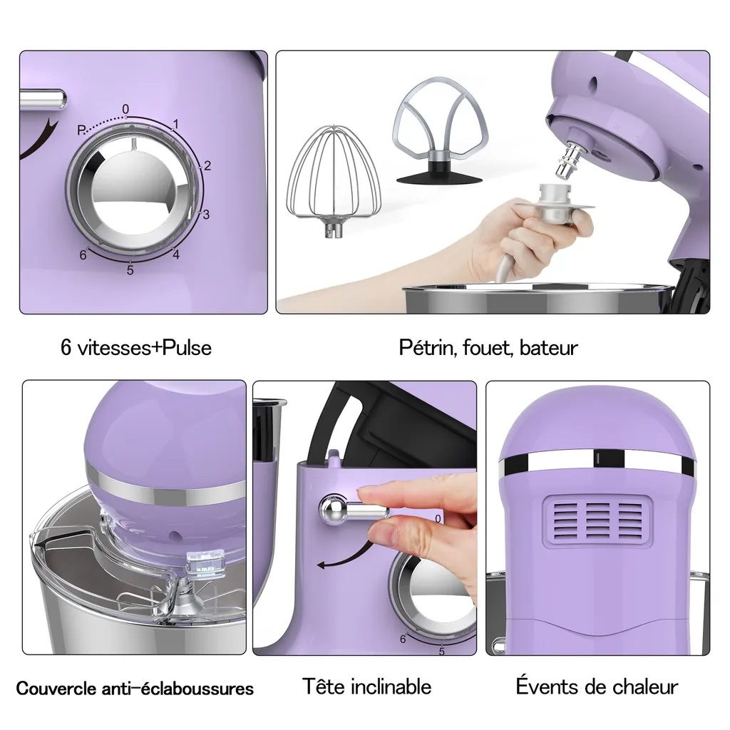 Küchenmaschine, Knetmaschine, Teigmaschine, CHeflee 1500W Multifunktion Food StandMixer Processor Zum Backen Mit 5,5 L Edelstahlschüssel, 6 Geschwindigkeiten, Inkl. Knethaken, Schneebesen, Flachrührer(Violett) 6 Küchenmaschine, Knetmaschine, Teigmaschine, CHeflee 1500W Multifunktion Food StandMixer Processor Zum Backen Mit 5,5 L Edelstahlschüssel, 6 Geschwindigkeiten, Inkl. Knethaken, Schneebesen, Flachrührer(Violett) – Bild 4