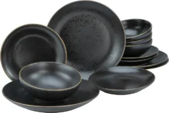 CreaTable 22707 Tafelservice Industrial Gold BLACK Für 4 Personen, Steinzeug, Schwarz (1 Set, 12-teilig)