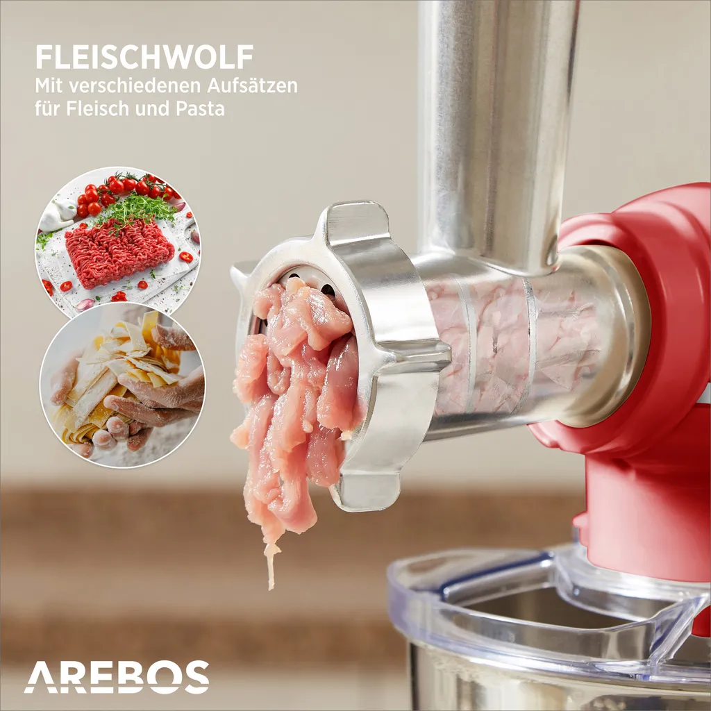 AREBOS 6-in-1 Küchenmaschine 1500W, Fleischwolf, Blender, Nudelmaschine, Knetmaschine Mit Edelstahl-Schüssel 5,5 L, Rot 5 AREBOS 6-in-1 Küchenmaschine 1500W, Fleischwolf, Blender, Nudelmaschine, Knetmaschine Mit Edelstahl-Schüssel 5,5 L, Rot – Bild 3