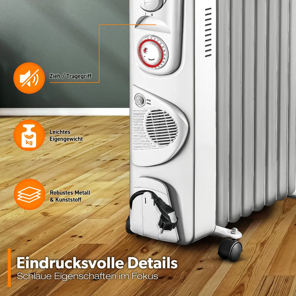 TRESKO® Ölradiator Weiß 2000W Elektroheizung Radiator Öl Heizkörper Heizung Timer 8 TRESKO® Ölradiator Weiß 2000W Elektroheizung Radiator Öl Heizkörper Heizung Timer – Bild 6