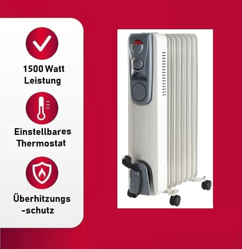 JUNG DAYE15 Heizung Elektrisch Mit Thermostat, 7 Lamellen, Ölradiator & Konvektor, 1500 Watt Energiesparend, Mobile Elektroheizung, Bis 25qm 5 JUNG DAYE15 Heizung Elektrisch Mit Thermostat, 7 Lamellen, Ölradiator & Konvektor, 1500 Watt Energiesparend, Mobile Elektroheizung, Bis 25qm – Bild 3