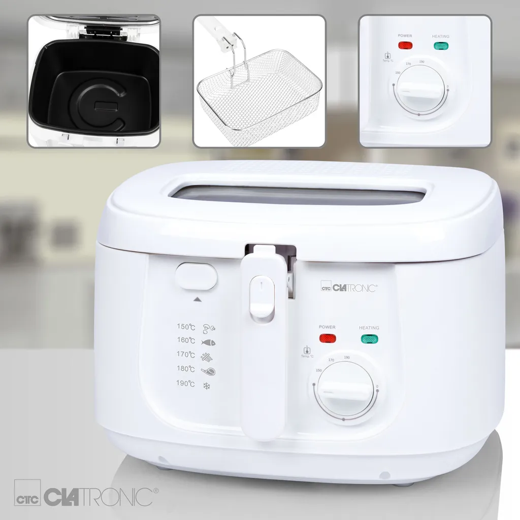 Clatronic FR 3771 Fritteuse, Geruchs- Und Fettdunstfilter, Stufenlos Regelbarer Thermostat Mit Kontrollleuchte (130 °C–190 °C), Großer Frittierkorb, 1800 W, Cool Touch-Gehäuse, Weiß 7 Clatronic FR 3771 Fritteuse, Geruchs- Und Fettdunstfilter, Stufenlos Regelbarer Thermostat Mit Kontrollleuchte (130 °C–190 °C), Großer Frittierkorb, 1800 W, Cool Touch-Gehäuse, Weiß – Bild 5