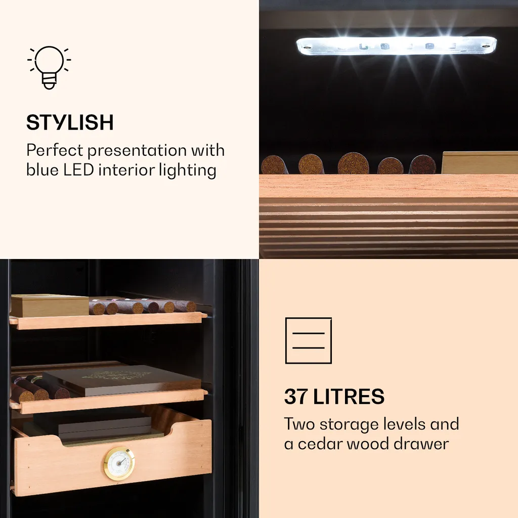 Klarstein Zigarren Humidor Befeuchter - Thermoelektrischer Humidor Schrank Mit Glastür - Mit Einschüben Aus Zedernholz - Hygrometer - LED-Innenbeleuchtung - 37 Liter - Silber Humidor Zigarre Elektrisch Humidor Schrank Luftbefeuchter Humidor Zigarren 8 Klarstein Zigarren Humidor Befeuchter - Thermoelektrischer Humidor Schrank Mit Glastür - Mit Einschüben Aus Zedernholz - Hygrometer - LED-Innenbeleuchtung - 37 Liter - Silber Humidor Zigarre Elektrisch Humidor Schrank Luftbefeuchter Humidor Zigarren – Bild 6