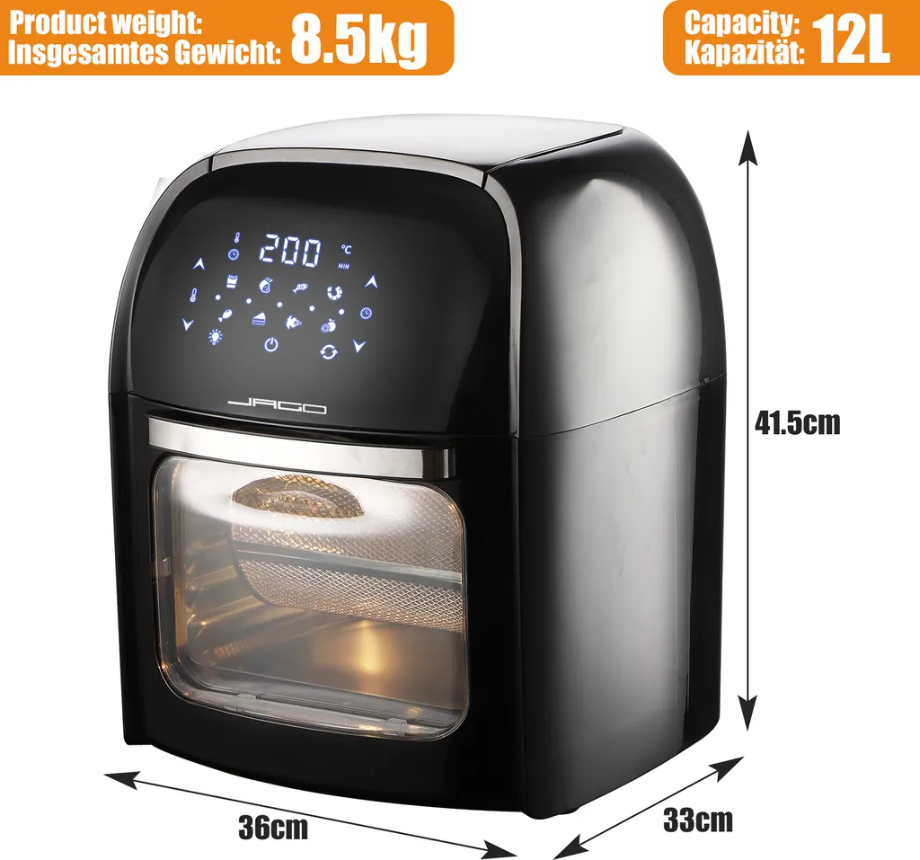 Jago® XXXL 8in1 Heißluftfritteuse 12L + 10 Zubehör - 1800W, LED Display Mit Touch Screen, 8 Programme / Timer, Ohne ÖL - Airfryer, Heißluft, Fritteuse, Heißluftofen, Backofen, Dehydrator, Grill 9 Jago® XXXL 8in1 Heißluftfritteuse 12L + 10 Zubehör - 1800W, LED Display Mit Touch Screen, 8 Programme / Timer, Ohne ÖL - Airfryer, Heißluft, Fritteuse, Heißluftofen, Backofen, Dehydrator, Grill – Bild 7