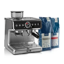 BEEM ESPRESSO-GRIND-PROFESSION Espresso-Siebträgermaschine Mit Mahlwerk + 1x ESPRESSO PERFETTO Ganze Bohne + 1x CAFÉ CREMA Ganze Bohne Espressomaschine Siebträger Maschine Barista Edelstahl Mit Mahlwerk Inkl Kaffee