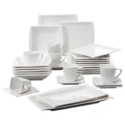 MALACASA 32 Tlg. Kombiservice, Serie BLANCE Cremeweiß Porzellan Geschirrset Mit Servierplatte