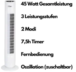 Zilan Turmventilator | 3 Stufen | 2 Modi | 7,5h Timer | Fernbedienung | Oszillierend | -Kaufland Verkäufe 821833f89545e0ad36e0d2fbf17cb318