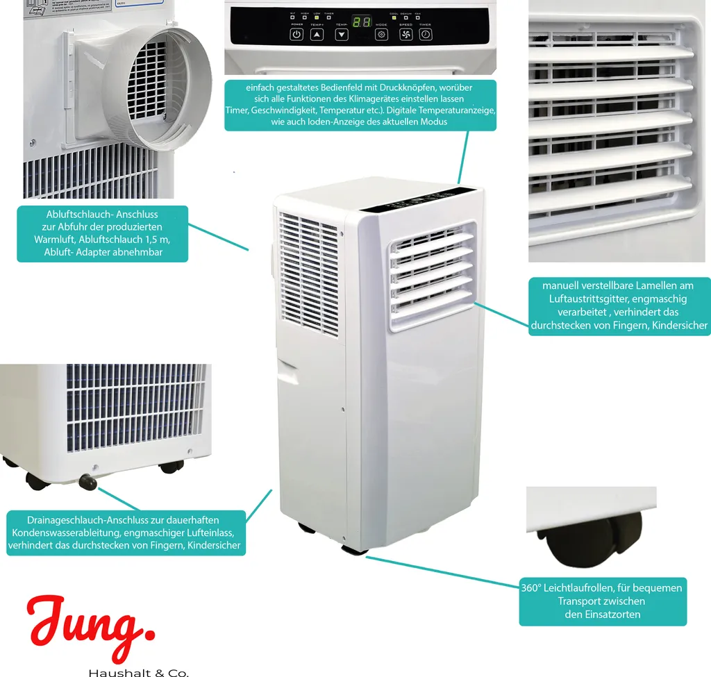 JUNG AIR TV05 Mobiles Klimagerät Mit Fernbedienung + Abluft-Schlauch - 3,2 KW/11000 BTU - STROMSPAREND, GERÄUSCHARM -100m³ Raum Kühlung, Klimaanlage Mobil Leise, Weiß 4 JUNG AIR TV05 Mobiles Klimagerät Mit Fernbedienung + Abluft-Schlauch - 3,2 KW/11000 BTU - STROMSPAREND, GERÄUSCHARM -100m³ Raum Kühlung, Klimaanlage Mobil Leise, Weiß – Bild 2