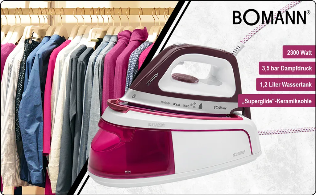 Bomann DBS 6034 CB Dampfbügelstation, Superglide-Keramiksohle, 3,5 Bar Dampfdruck, Elektronisches Anti-Tropf-System, 2300W, Weiß-flieder 14 Bomann DBS 6034 CB Dampfbügelstation, Superglide-Keramiksohle, 3,5 Bar Dampfdruck, Elektronisches Anti-Tropf-System, 2300W, Weiß-flieder – Bild 12
