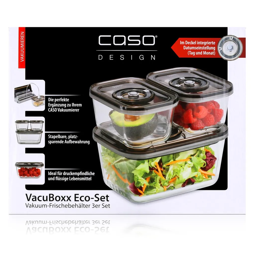 Caso Vakuum-Frischebehälter 3er Set - Für Platzsparende Aufbewahrung (1er Pack) 3 Caso Vakuum-Frischebehälter 3er Set - Für Platzsparende Aufbewahrung (1er Pack)