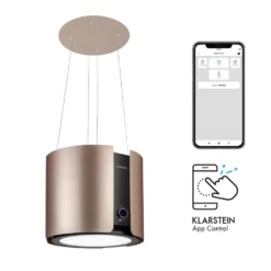 Klarstein Skyfall Smart Inselhaube,App- Und Gestensteuerung,45 X 42 Cm (ØxB),freihängend,Umluftbetrieb/Abluft,3 Stufen,402 M³/h,200 W,LED Beleuchtung,EEK C,inklusive Aluminium-Fettfilter Und 2 Aktivkohlefiltern,Wifi,illuminierter Touch-Drehregler,Dunstabzugshaube,Edelstahl,gold