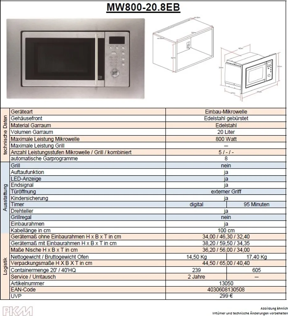 PKM Einbau Mikrowelle Microwellengerät MW800-20.8EB Edelstahl 800 W 20L 8 PKM Einbau Mikrowelle Microwellengerät MW800-20.8EB Edelstahl 800 W 20L – Bild 6