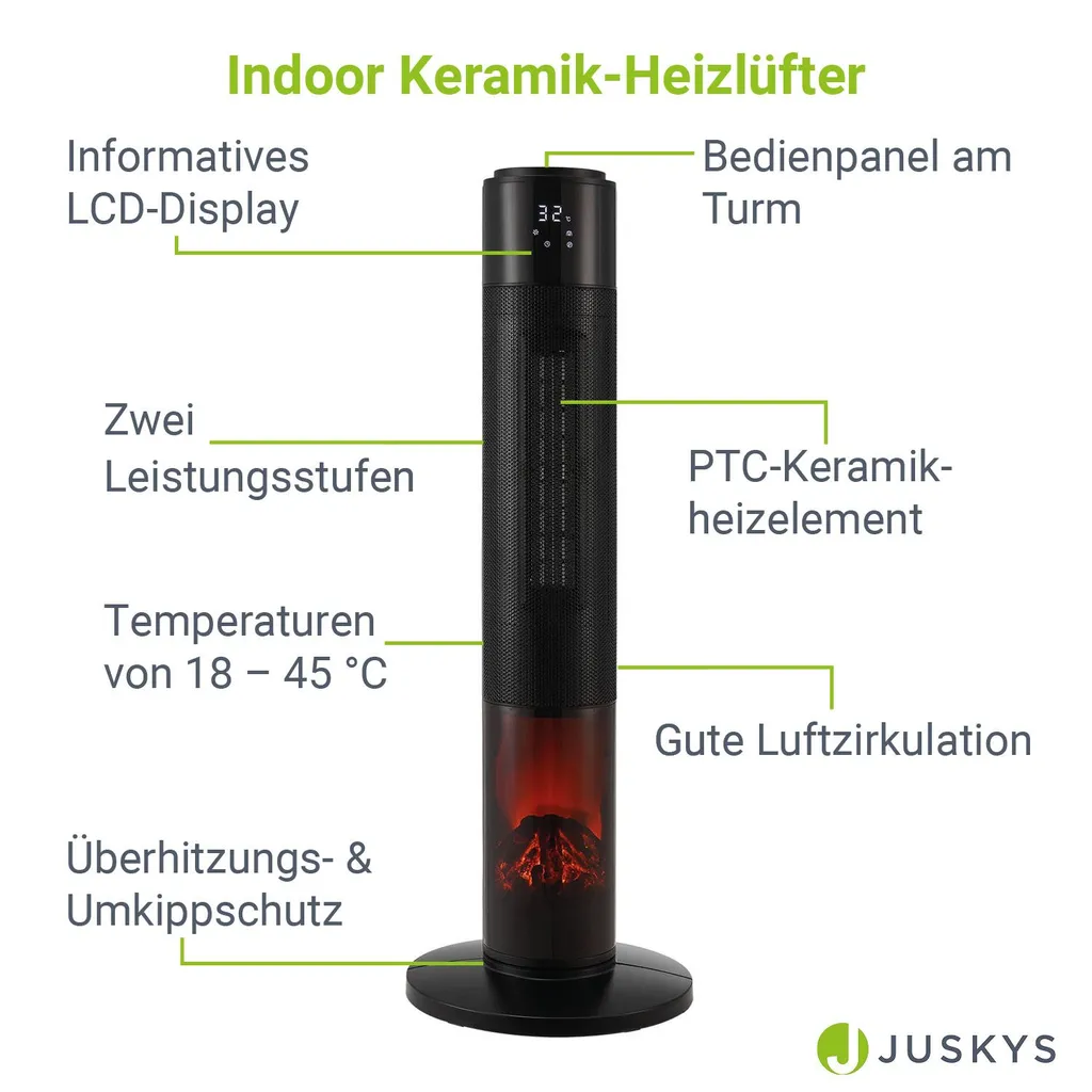 Juskys Turm-Keramik-Heizer – Elektrischer Heizlüfter Mit LCD Display & Fernbedienung, 1000 / 2000W, Kamineffekt, Timer, Oszillation & Umkippschutz 5 Juskys Turm-Keramik-Heizer – Elektrischer Heizlüfter Mit LCD Display & Fernbedienung, 1000 / 2000W, Kamineffekt, Timer, Oszillation & Umkippschutz – Bild 3