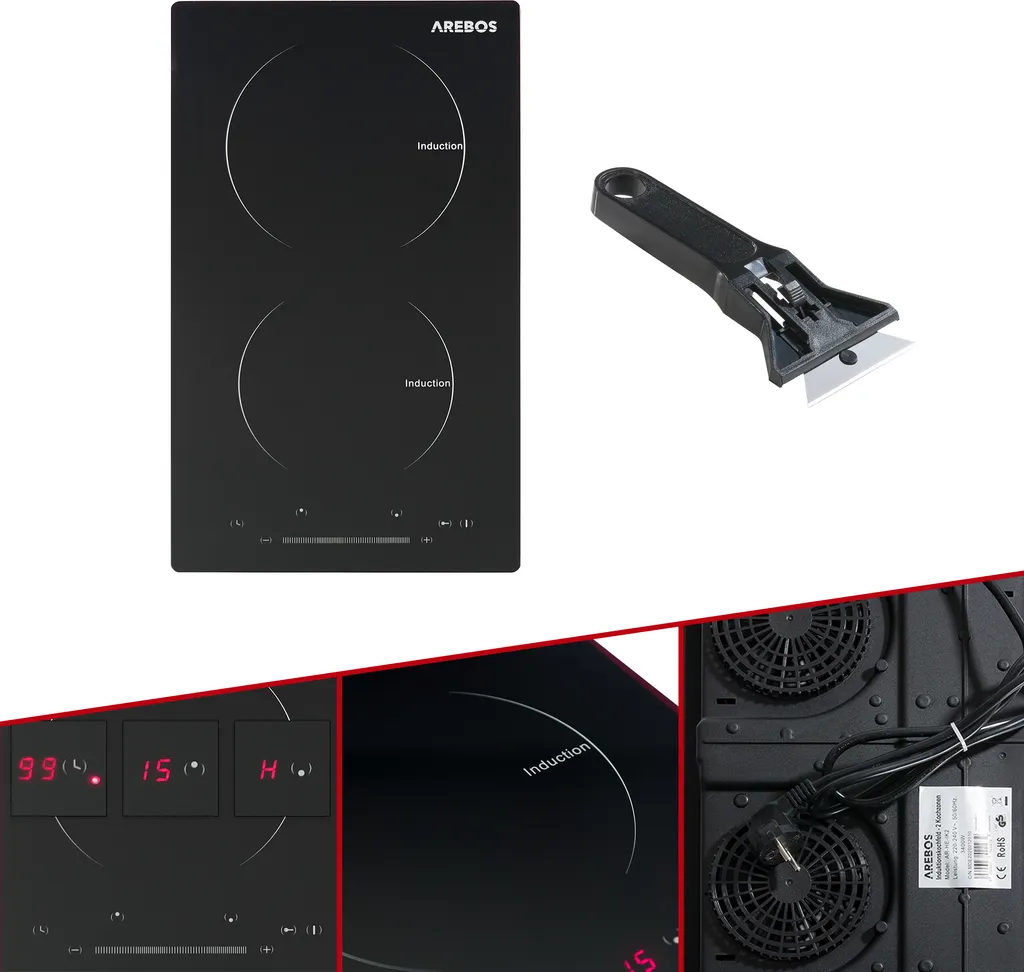 AREBOS Induktionskochfeld, 3000W, 2 Kochfelder, 30 Cm, Autark, Mit Sensor Touch, Timer 3 AREBOS Induktionskochfeld, 3000W, 2 Kochfelder, 30 Cm, Autark, Mit Sensor Touch, Timer