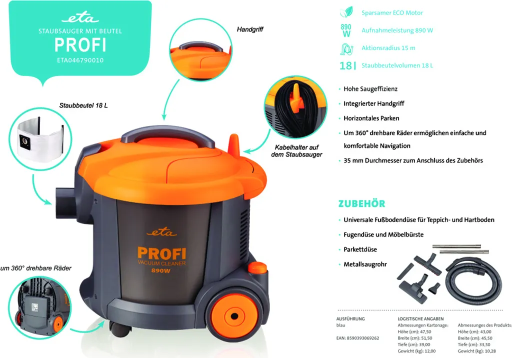 ETA PROFI Mehrzweck Staubsauger ETA046790010, 890 W, Motorfilte, Ausgangsfilter, Aktionsradius 15 M, Kabellänge 12 M, Saugschlauch 2,5 M, Vordere Um 360° Drehbare Räder 14 ETA PROFI Mehrzweck Staubsauger ETA046790010, 890 W, Motorfilte, Ausgangsfilter, Aktionsradius 15 M, Kabellänge 12 M, Saugschlauch 2,5 M, Vordere Um 360° Drehbare Räder – Bild 12