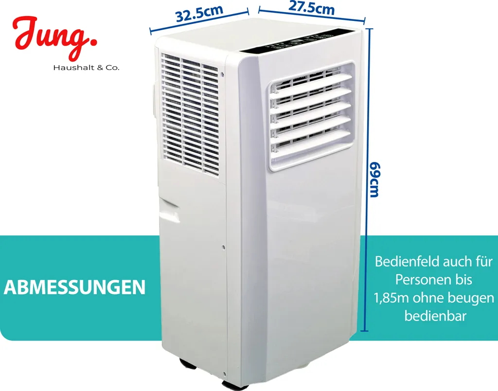 JUNG AIR TV05 Mobiles Klimagerät Mit Fernbedienung + Abluft-Schlauch - 3,2 KW/11000 BTU - STROMSPAREND, GERÄUSCHARM -100m³ Raum Kühlung, Klimaanlage Mobil Leise, Weiß 6 JUNG AIR TV05 Mobiles Klimagerät Mit Fernbedienung + Abluft-Schlauch - 3,2 KW/11000 BTU - STROMSPAREND, GERÄUSCHARM -100m³ Raum Kühlung, Klimaanlage Mobil Leise, Weiß – Bild 4