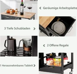 COSTWAY Küchenwagen Mit Tablett, Regalen Und 3 Großen Schubladen, Küchenschrank Rollbar, Kücheninsel Aus Kautschukholz, Servierwagen 67 X 37 X 82,5 Cm (Schwarz) -Kaufland Verkäufe 8ebb730607564a2ca83e545fa46cb2da