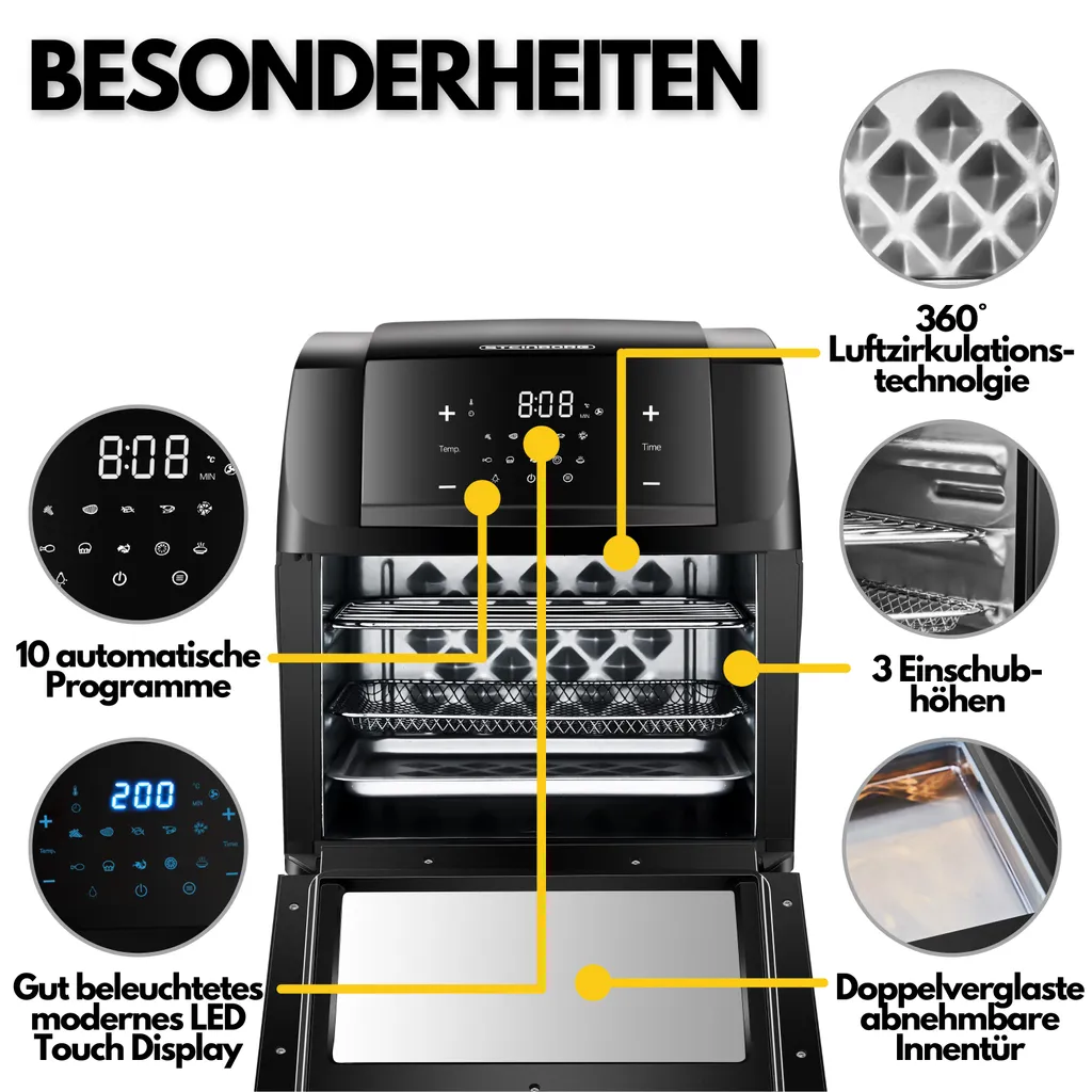 Steinborg 4-in1 Heißluftfritteuse | 12L | 1.500 W | Mit LED Touchscreen | 10 Automatische Programme | Inkl. Rezeptbuch Auf Deutsch | Frittieren, Backen, Grillen Oder Dörren | Aufwärmfunktion | Automatische Abschaltung | 6 Steinborg 4-in1 Heißluftfritteuse | 12L | 1.500 W | Mit LED Touchscreen | 10 Automatische Programme | Inkl. Rezeptbuch Auf Deutsch | Frittieren, Backen, Grillen Oder Dörren | Aufwärmfunktion | Automatische Abschaltung | – Bild 4