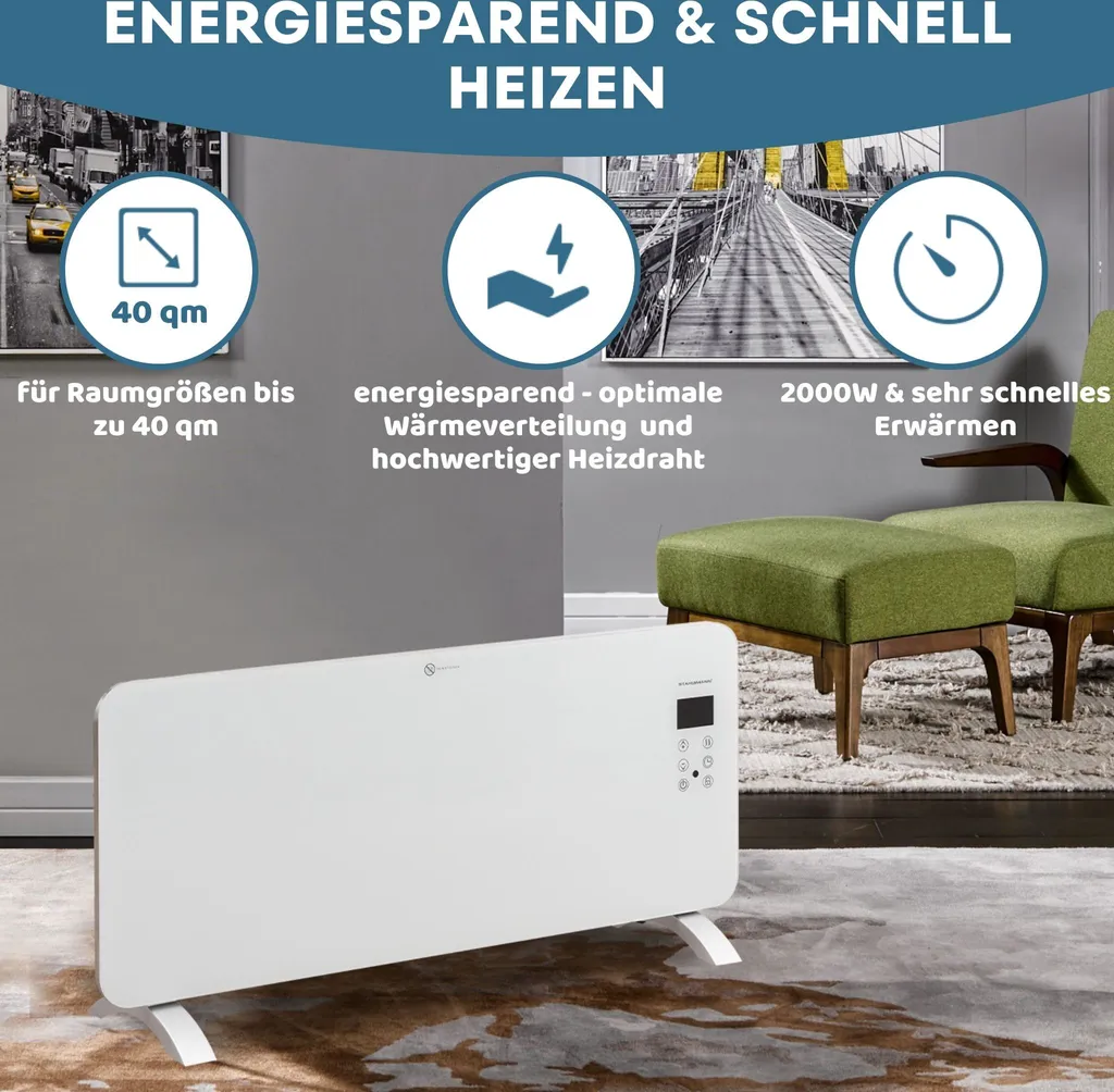 STAHLMANN Glaskonvektor Weiß ZG 2000Watt - Wifi App Steuerung, Elektroheizung Energiesparend Bis 40qm Fläche, Schnelle Erwärmung, Thermostat, Leise, Konvektor Heizung Elektrisch, Heizgerät 4 STAHLMANN Glaskonvektor Weiß ZG 2000Watt - Wifi App Steuerung, Elektroheizung Energiesparend Bis 40qm Fläche, Schnelle Erwärmung, Thermostat, Leise, Konvektor Heizung Elektrisch, Heizgerät – Bild 2