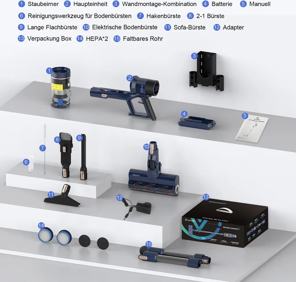 VICSONIC S7 Akku Staubsauger, 30000PA/480W Starke Saugleistung Staubsauger Kabellos Bis Zu 65 Min Laufzeit, 7-in-1 Staubsauger Beutellos, Smartes Touch Display, 180 ° Faltbar, 4 Leistungstufe, Blau 12 VICSONIC S7 Akku Staubsauger, 30000PA/480W Starke Saugleistung Staubsauger Kabellos Bis Zu 65 Min Laufzeit, 7-in-1 Staubsauger Beutellos, Smartes Touch Display, 180 ° Faltbar, 4 Leistungstufe, Blau – Bild 10