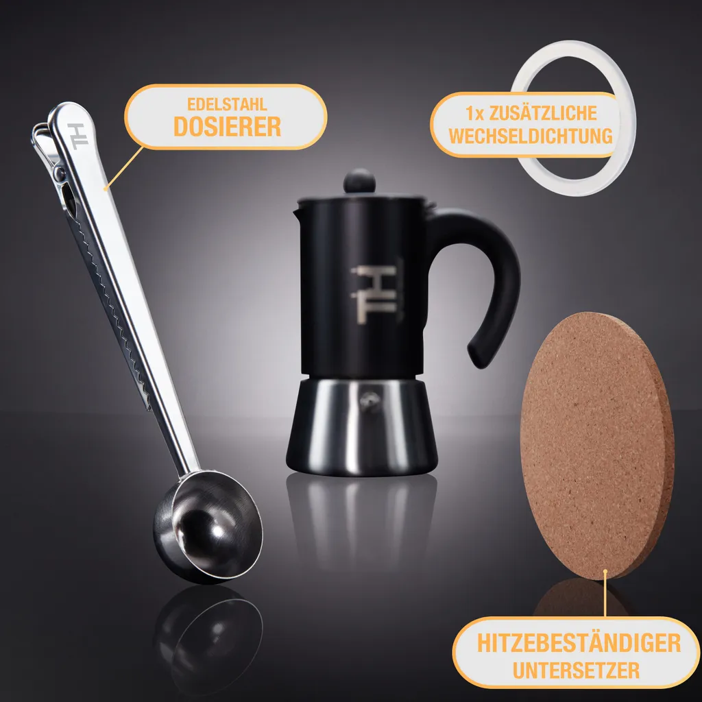 Thiru Espressokocher Induktion L Premium Mokkakanne Aus Edelstahl Inkl. Toolset (Silber, 4 Tassen (200ml)) 8 Thiru Espressokocher Induktion L Premium Mokkakanne Aus Edelstahl Inkl. Toolset (Silber, 4 Tassen (200ml)) – Bild 6