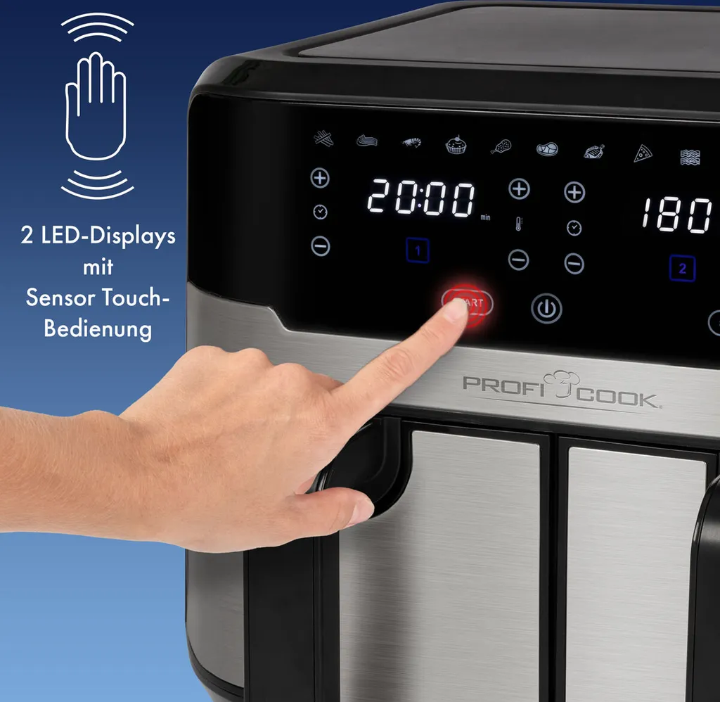 ProfiCook® Doppel-Heißluftfritteuse 9 Liter, XXL Heißluftfritteuse Doppelkammer, Frittieren Mit Heißer Luft Ohne Zusätzliches Öl, 9 Programme, Air Fryer, Touchscreen, PC-FR 1242 H, 2400W 11 ProfiCook® Doppel-Heißluftfritteuse 9 Liter, XXL Heißluftfritteuse Doppelkammer, Frittieren Mit Heißer Luft Ohne Zusätzliches Öl, 9 Programme, Air Fryer, Touchscreen, PC-FR 1242 H, 2400W – Bild 9