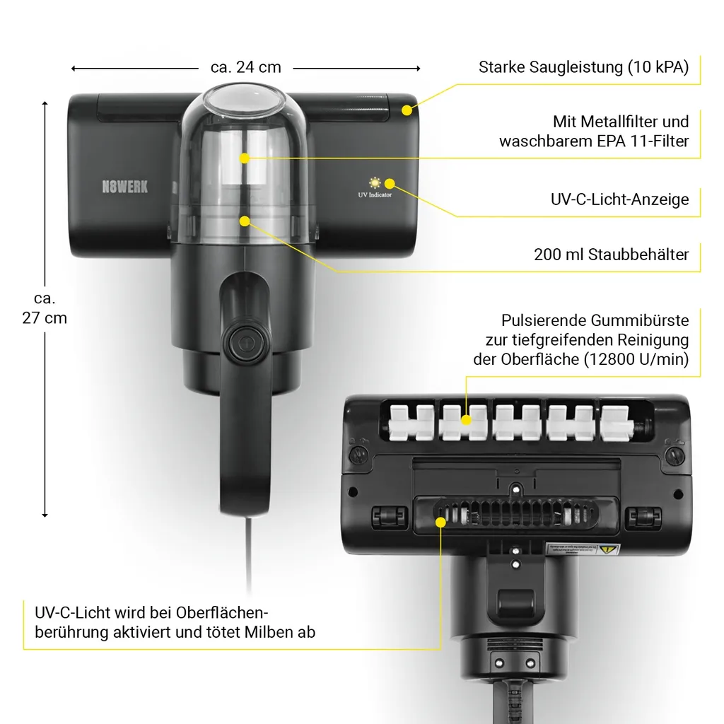 N8WERK Milbensauger Mit Pulsrolle Midnight Black Milben Sauger Handstaubsauger UV C Licht Allergiker Handsauger EPA Filter 5 N8WERK Milbensauger Mit Pulsrolle Midnight Black Milben Sauger Handstaubsauger UV C Licht Allergiker Handsauger EPA Filter – Bild 3