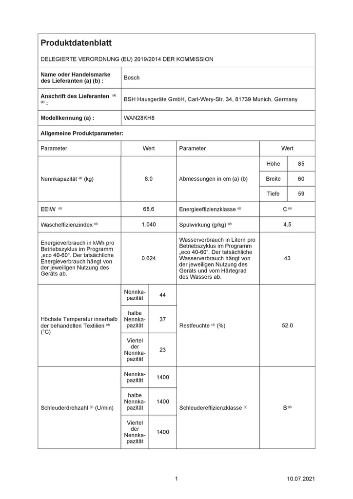 Bosch Serie 4 Waschmaschine WAN28KH8, Frontlader, 8 Kg, 1400 U/min. 11 Bosch Serie 4 Waschmaschine WAN28KH8, Frontlader, 8 Kg, 1400 U/min. – Bild 9