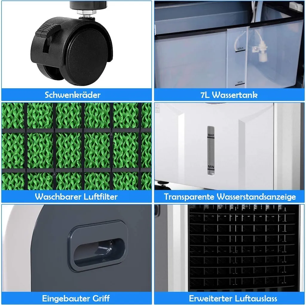 COSTWAY Heizlüfter 2000W Klimaanlage Mobil Klimagerät Kühlen 75W, 8H Timer, 7L Wassertank, 70°Winkel, Fernbedienung, Energieklasse A 8 COSTWAY Heizlüfter 2000W Klimaanlage Mobil Klimagerät Kühlen 75W, 8H Timer, 7L Wassertank, 70°Winkel, Fernbedienung, Energieklasse A – Bild 6