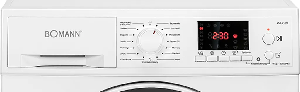 Bomann WA 7192 Waschmaschine Weiß, 9 Kg, 15 Waschprogramme, 1.400 U/min, LED-Display/Kontrollanzeigen, Frontlader 8 Bomann WA 7192 Waschmaschine Weiß, 9 Kg, 15 Waschprogramme, 1.400 U/min, LED-Display/Kontrollanzeigen, Frontlader – Bild 6
