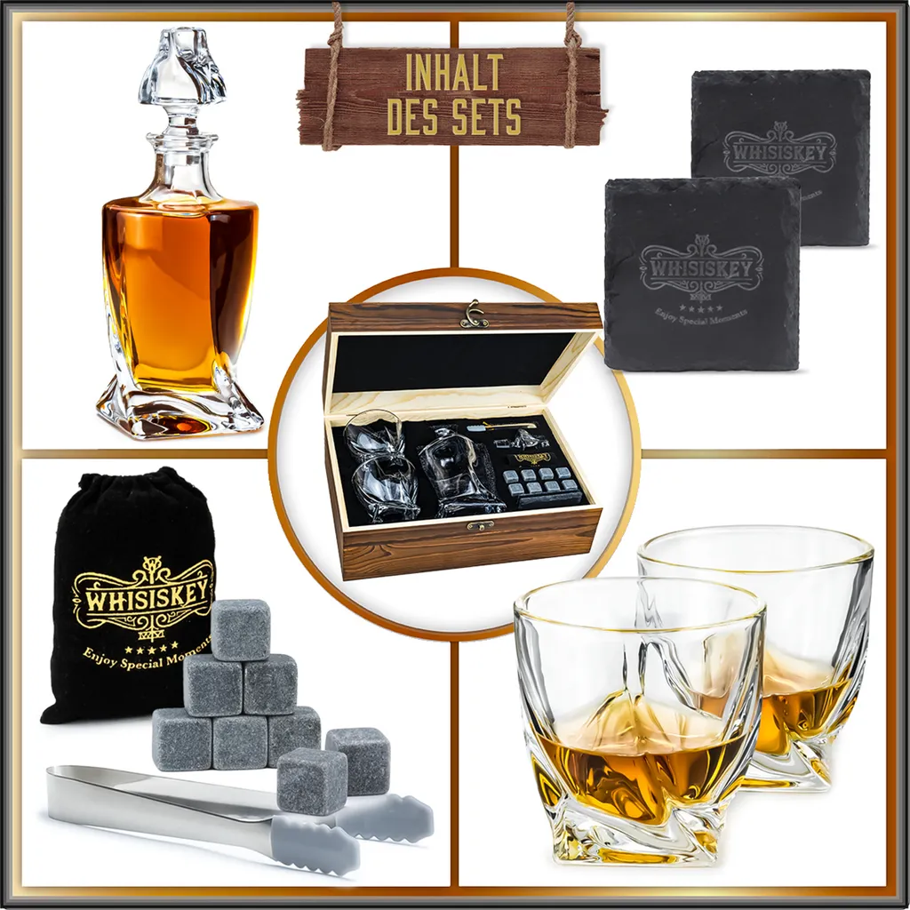 Whisiskey - Whisky Karaffe – Twisted Dekanter Set - Whiskey Karaffe Set - 1000ML - Geschenke Für Männer - Inkl. 8 Whisky Steine, Zange & 2 Whisky Gläser 8 Whisiskey - Whisky Karaffe – Twisted Dekanter Set - Whiskey Karaffe Set - 1000ML - Geschenke Für Männer - Inkl. 8 Whisky Steine, Zange & 2 Whisky Gläser – Bild 6