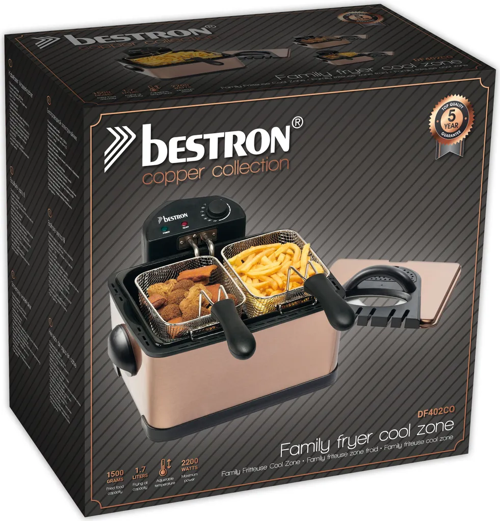 Bestron XL Öl-Fritteuse Mit 3 Frittierkörben, Inkl. Kaltzonentechnologie & Herausnehmbaren Ölbehälter, 4 Liter, Spülmaschinengeeignet, 2000 W, Edelstahl, Farbe: Kupfer 4 Bestron XL Öl-Fritteuse Mit 3 Frittierkörben, Inkl. Kaltzonentechnologie & Herausnehmbaren Ölbehälter, 4 Liter, Spülmaschinengeeignet, 2000 W, Edelstahl, Farbe: Kupfer – Bild 2