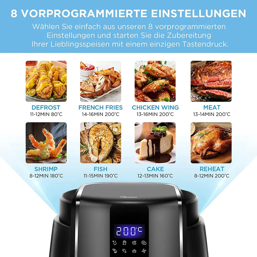 Midea Heißluftfritteuse 3,5L Heißluft Fritteuse Mit 8 Verschiedene Programmen, Digital Touchscreen, Temperaturkontrolle, 1500W Heissluftfritteuse Air Fryer 9 Midea Heißluftfritteuse 3,5L Heißluft Fritteuse Mit 8 Verschiedene Programmen, Digital Touchscreen, Temperaturkontrolle, 1500W Heissluftfritteuse Air Fryer – Bild 7